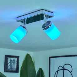Plafonnier Cerejeiras Led Chrome, 2 Lumieres, Telecommandes, Changeur De Couleurs