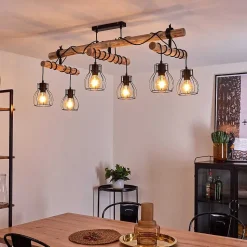 Plafonnier Gondo Bois Clair, Noir, 6 Lumieres