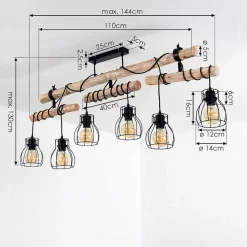 Plafonnier Gondo Bois Clair, Noir, 6 Lumieres