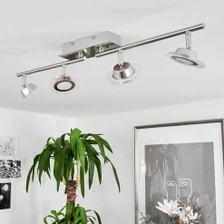 Plafonnier Marsen Led Chrome, Nickel Mat, 4 Lumieres, Telecommandes, Changeur De Couleurs