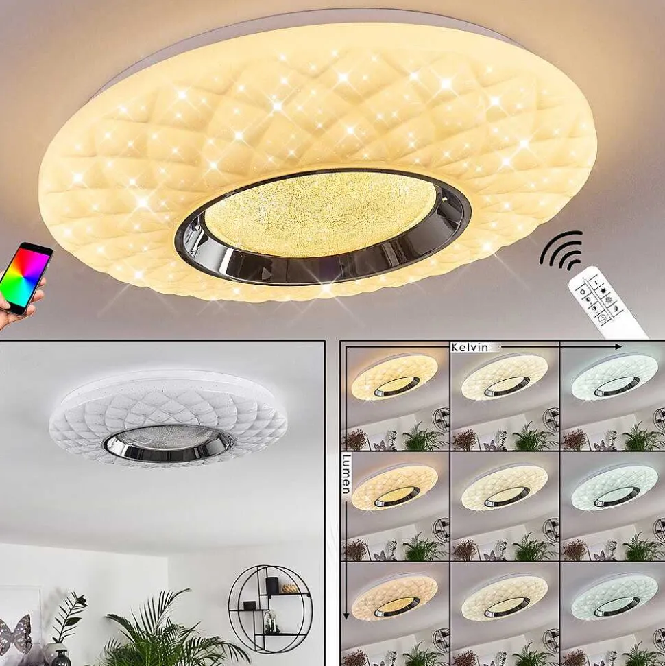 Plafonnier Roseto Led Chrome, Transparent, Blanc, 1 Lumiere, Telecommandes