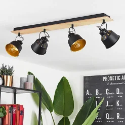 Plafonnier Safari Chrome, Bois Clair, Noir, 4 Lumieres
