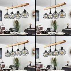Suspension Bacabal Bois Clair, Noir, 4 Lumieres