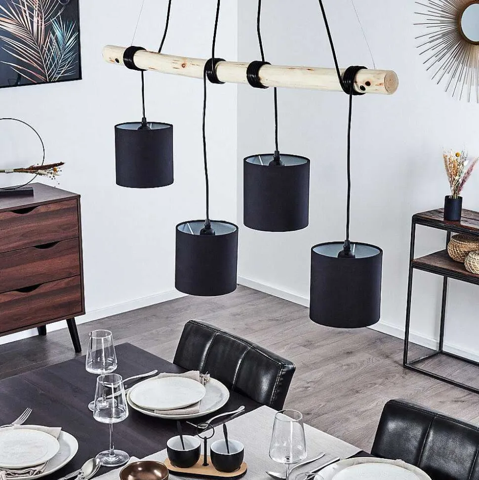 Suspension Betsele Bois Clair, Noir, 4 Lumieres
