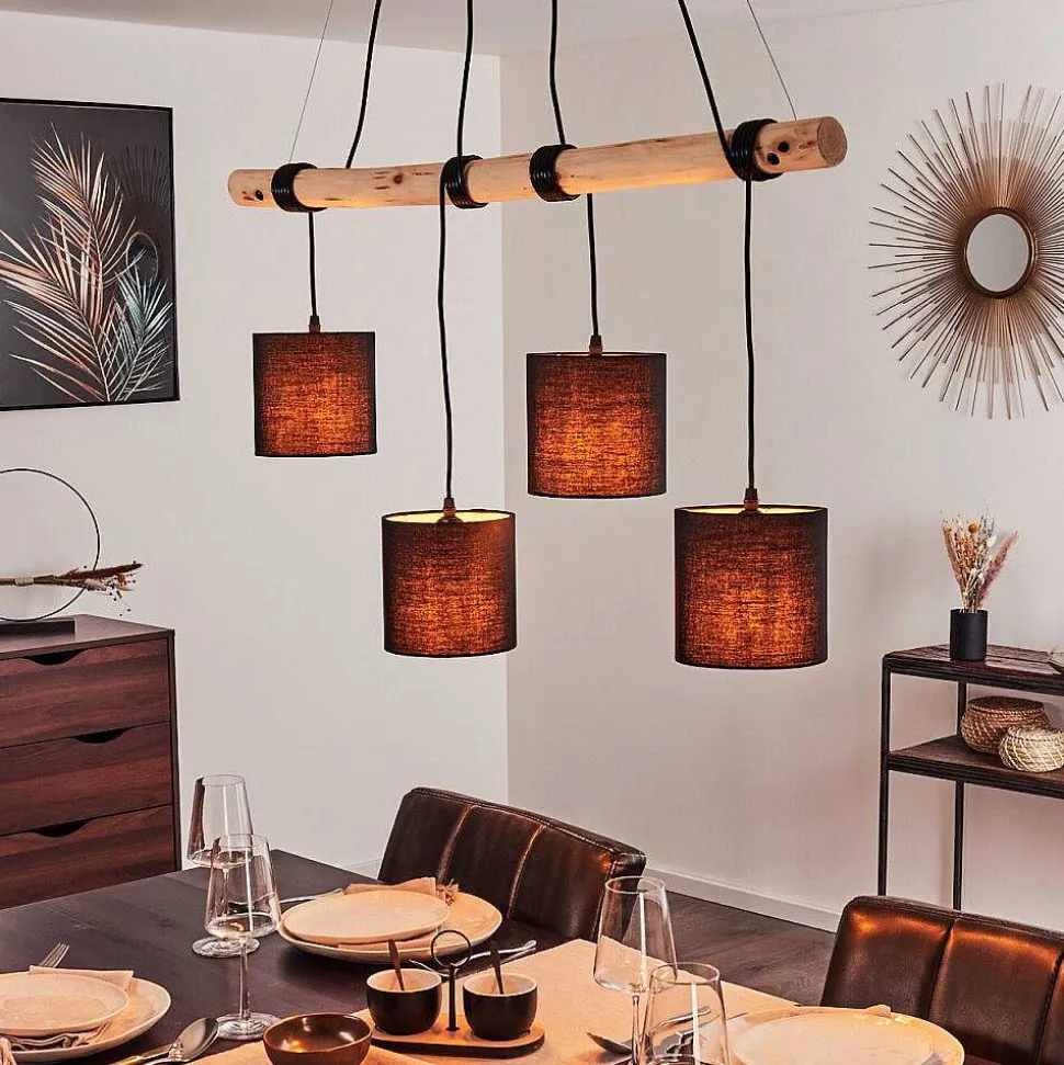 Suspension Betsele Bois Clair, Noir, 4 Lumieres