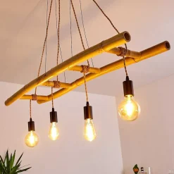 Suspension Canazei Brun, Bois Clair, Noir, 4 Lumieres