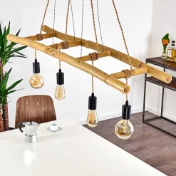 Suspension Canazei Brun, Bois Clair, Noir, 4 Lumieres
