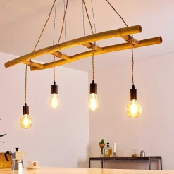 Suspension Canazei Brun, Bois Clair, Noir, 4 Lumieres