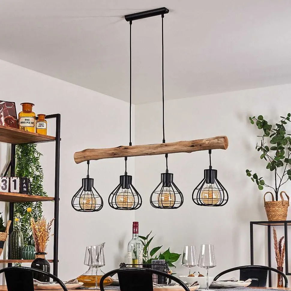 Suspension Gainesville Bois Fonce, Noir, 4 Lumieres