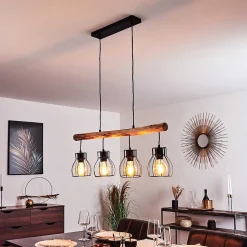 Suspension Gondo Bois Clair, Noir, 4 Lumieres