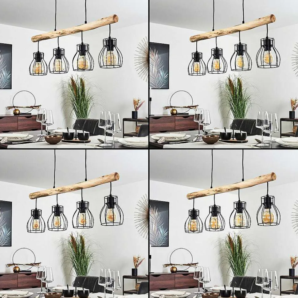 Suspension Gondo Bois Clair, Noir, 4 Lumieres