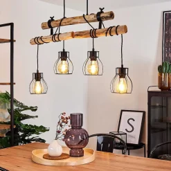 Suspension Gondo Bois Fonce, Noir, 4 Lumieres