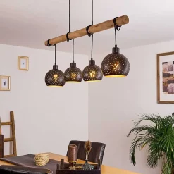 Suspension Imana Bois Clair, Noir, 4 Lumieres