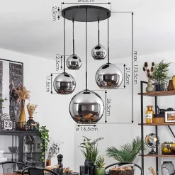 Suspension Verre 15 Cm, 20 Cm, 25 Cm, 30Cm Koyoto Chrome, Fume, 5 Lumieres