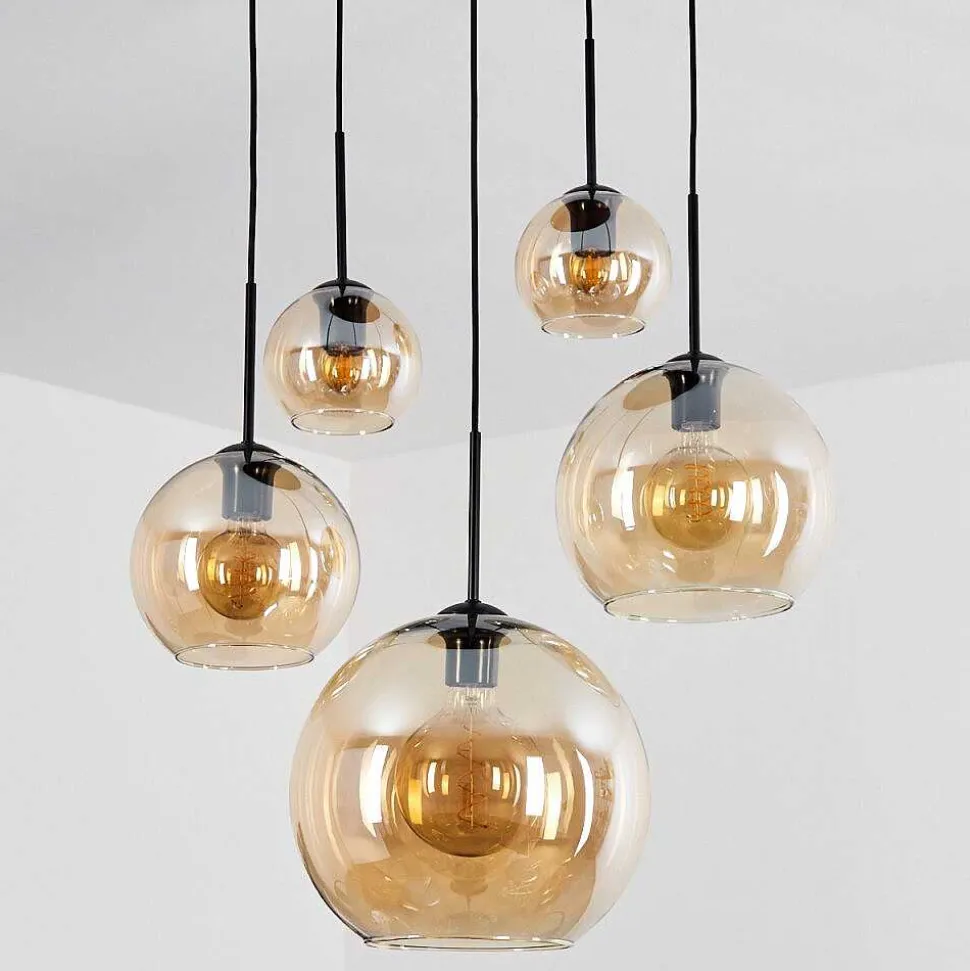 Suspension Verre 15 Cm, 20 Cm, 25 Cm, 30Cm Koyoto Ambre, 5 Lumieres