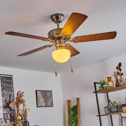 Ventilateur De Plafond Apiao Brun, Brun Clair, Couleur Bois, Argente, 1 Lumiere