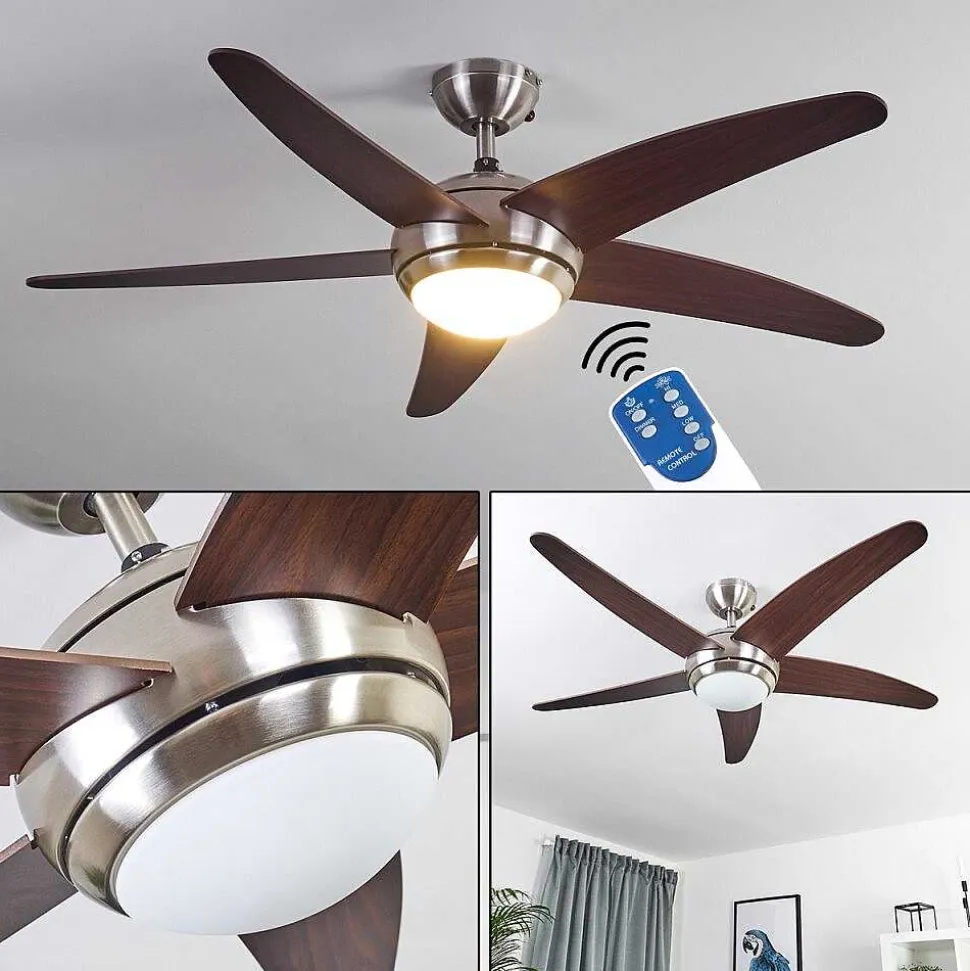 Ventilateur De Plafond Imon Bois Fonce, Nickel Mat, 1 Lumiere, Telecommandes
