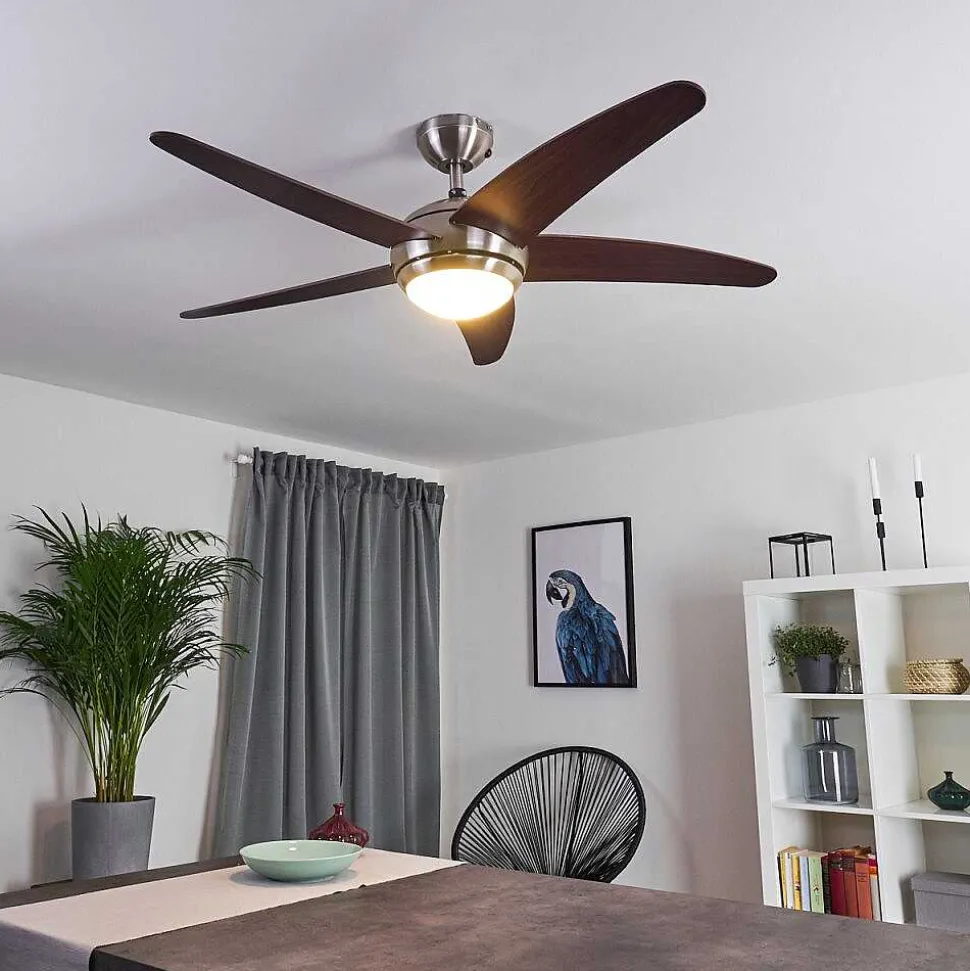 Ventilateur De Plafond Imon Bois Fonce, Nickel Mat, 1 Lumiere, Telecommandes