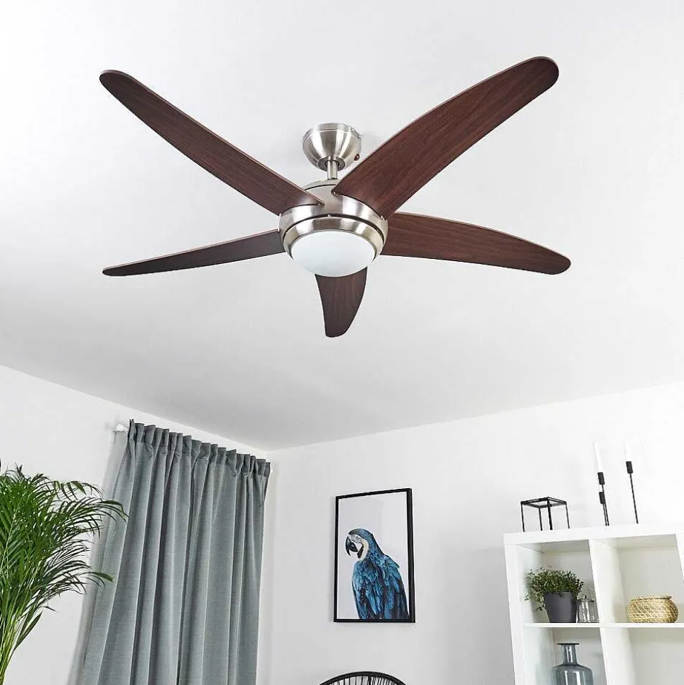 Ventilateur De Plafond Imon Bois Fonce, Nickel Mat, 1 Lumiere, Telecommandes