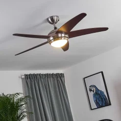 Ventilateur De Plafond Imon Bois Fonce, Nickel Mat, 1 Lumiere, Telecommandes