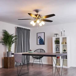 Ventilateur De Plafond Irving Chrome, Gris, Bois Clair, 5 Lumieres
