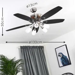 Ventilateur De Plafond Irving Chrome, Gris, Bois Clair, 5 Lumieres