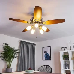Ventilateur De Plafond Irving Chrome, Gris, Bois Clair, 5 Lumieres
