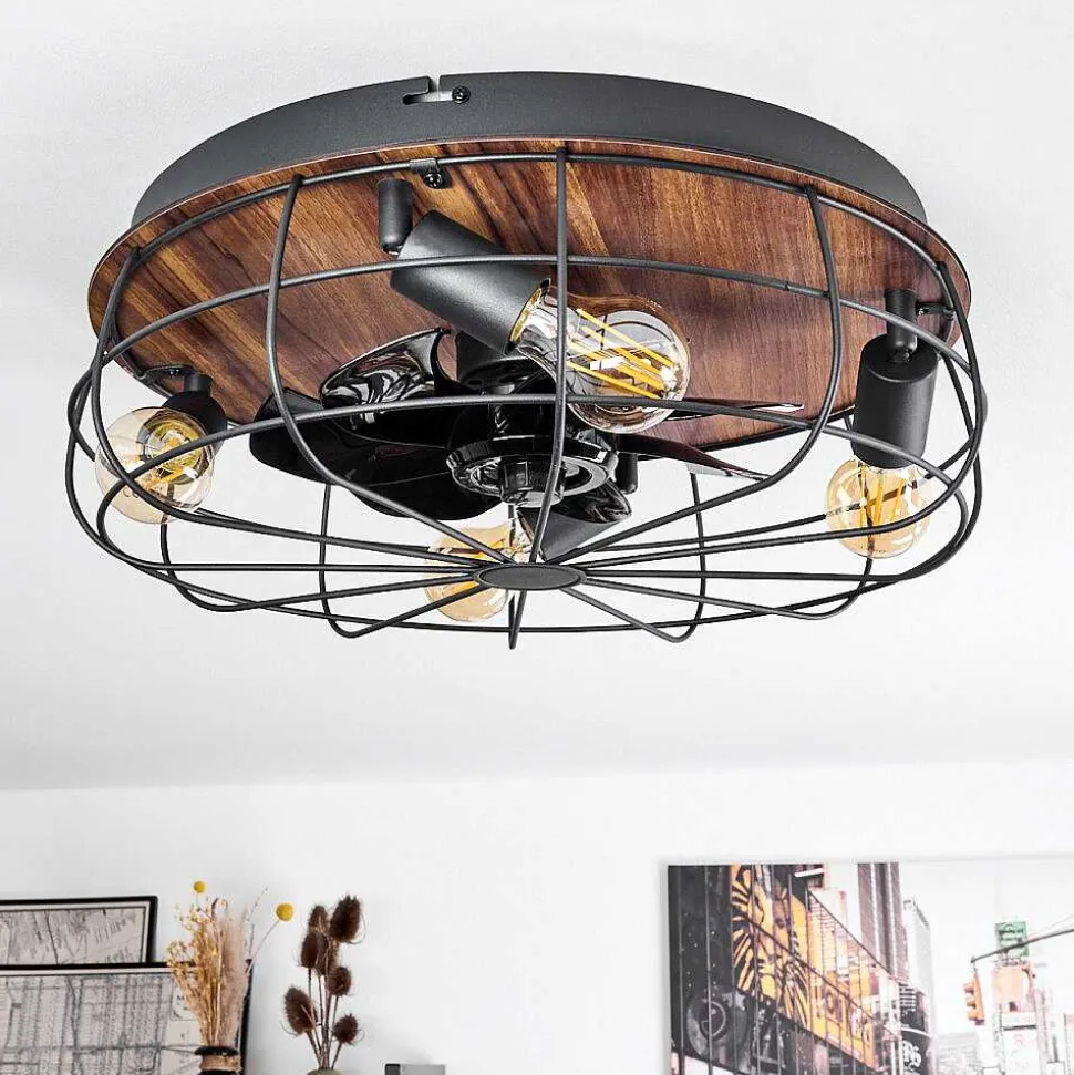 Ventilateur De Plafond Moscavide Brun, Couleur Bois, Noir, 4 Lumieres, Telecommandes