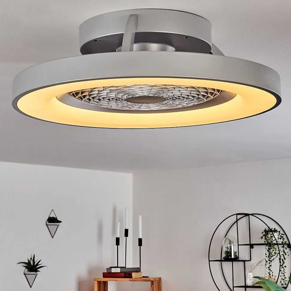 Ventilateur De Plafond Penon Led Argente, 1 Lumiere, Telecommandes