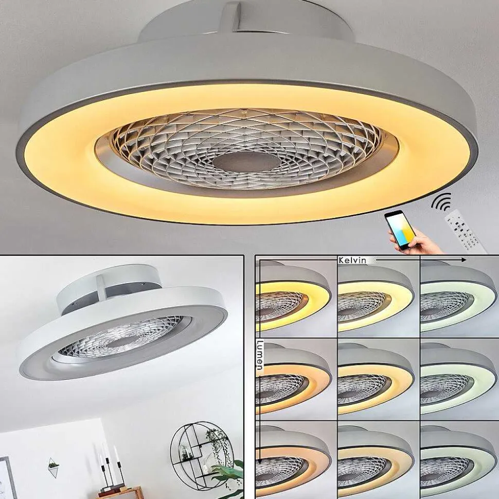 Ventilateur De Plafond Penon Led Argente, 1 Lumiere, Telecommandes