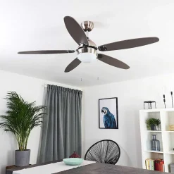 Ventilateur De Plafond Valeria Chrome, Bois Clair, Nickel Mat, 1 Lumiere