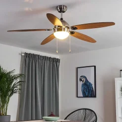 Ventilateur De Plafond Valeria Chrome, Bois Clair, Nickel Mat, 1 Lumiere