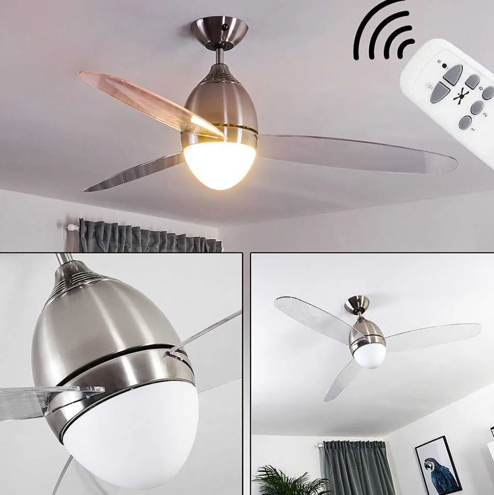 Ventilateur De Plafond Varazze Nickel Mat, Transparent, 1 Lumiere, Telecommandes