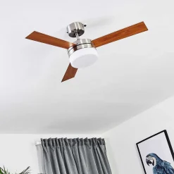 Ventilateur De Plafond Vevey Bois Clair, Nickel Mat, Argente, 2 Lumieres, Telecommandes