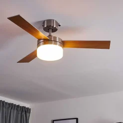Ventilateur De Plafond Vevey Bois Clair, Nickel Mat, Argente, 2 Lumieres, Telecommandes
