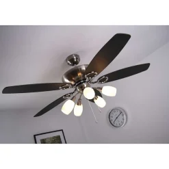 Ventilateur Globo Jerry Chrome, Acier Inoxydable, Nickel Mat, 5 Lumieres